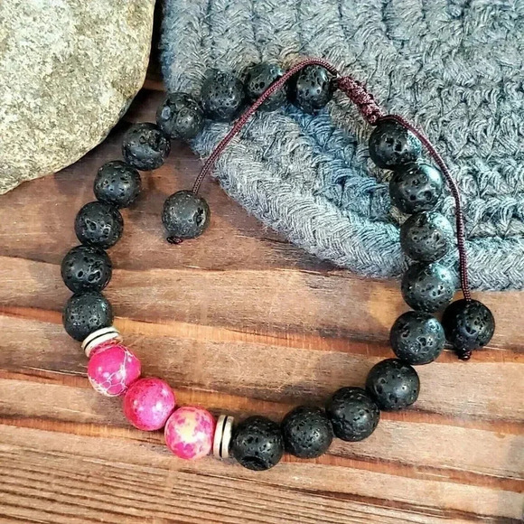 Hand Crafted Chakra Bracelet Deep Pink Aqua Terra Jasper Black Lava - Picture 1 of 7